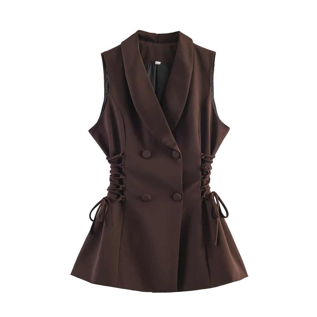 Women Clothing Summer Retro Bandage Waist Slimming Double Breasted Vest Jacket