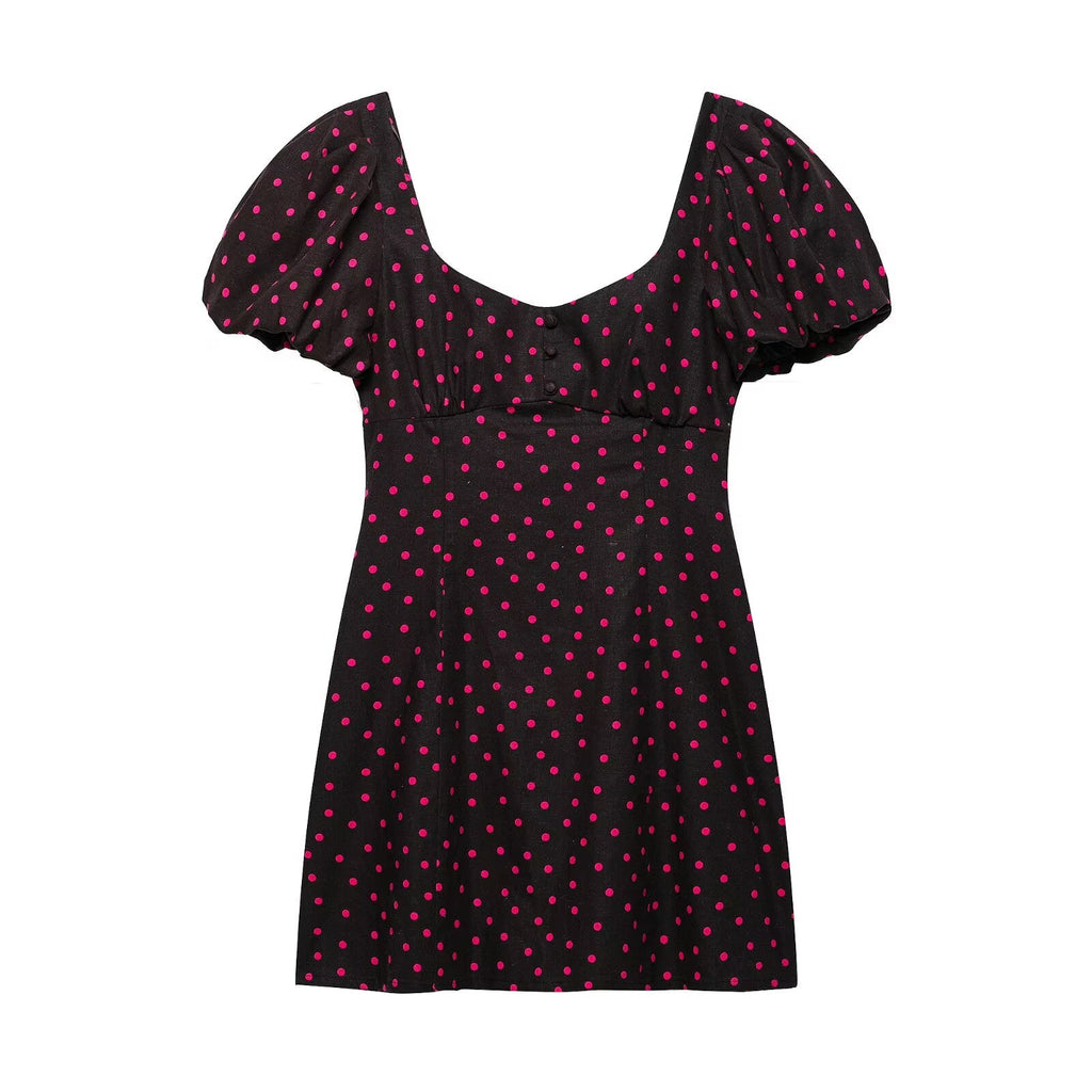 Summer French Retro Dots Puff Sleeve Square Neck Cinched Slimming Dress