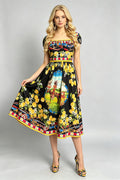 Women Oil Painted Floral High Waisted Pleated Halter Bodycon Dress With Square Neckline And Flared A Line Dress