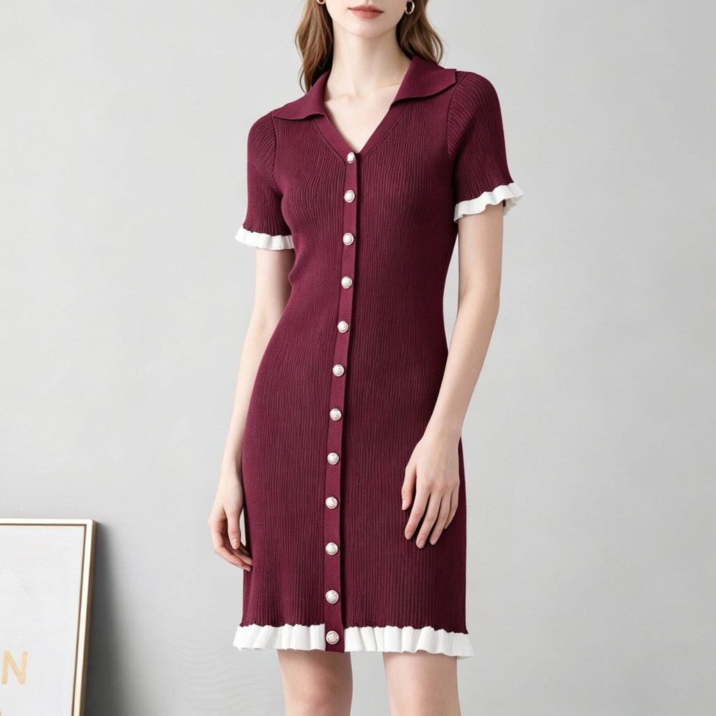 Women V Neck Fitted And Slimming Single Button Patchwork Short Sleeved Knitted Halter Neck Dress