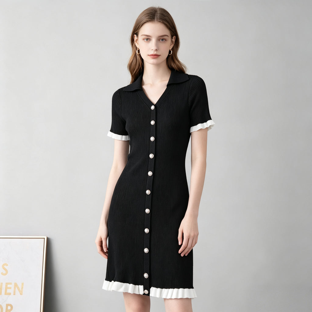 Women V Neck Fitted And Slimming Single Button Patchwork Short Sleeved Knitted Halter Neck Dress