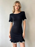 Women Short Dress With Ruffled Hem Short Sleeved Rolled Edge Fitted Knitted Dress