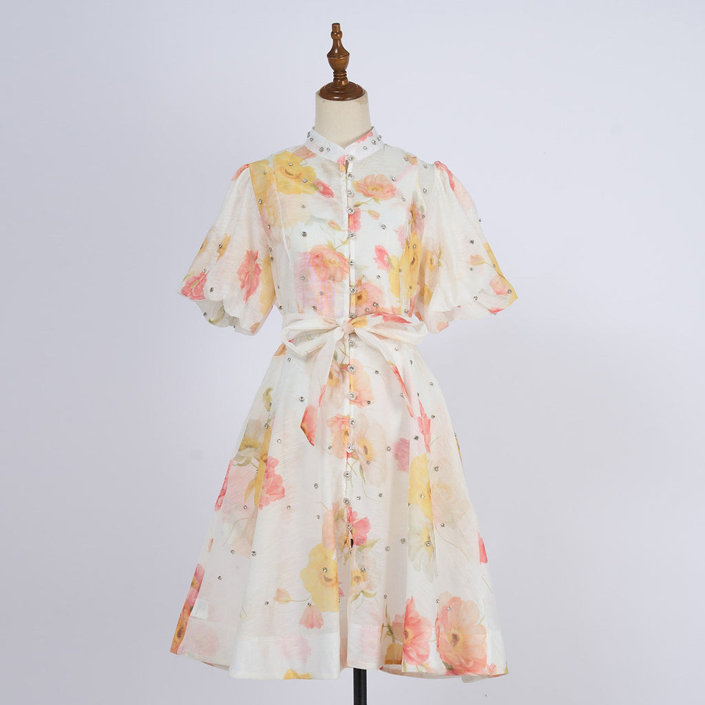 Women Summer Autumn Printed V Neck Puff Sleeved Tie Waist Wide Leg Umbrella Dress
