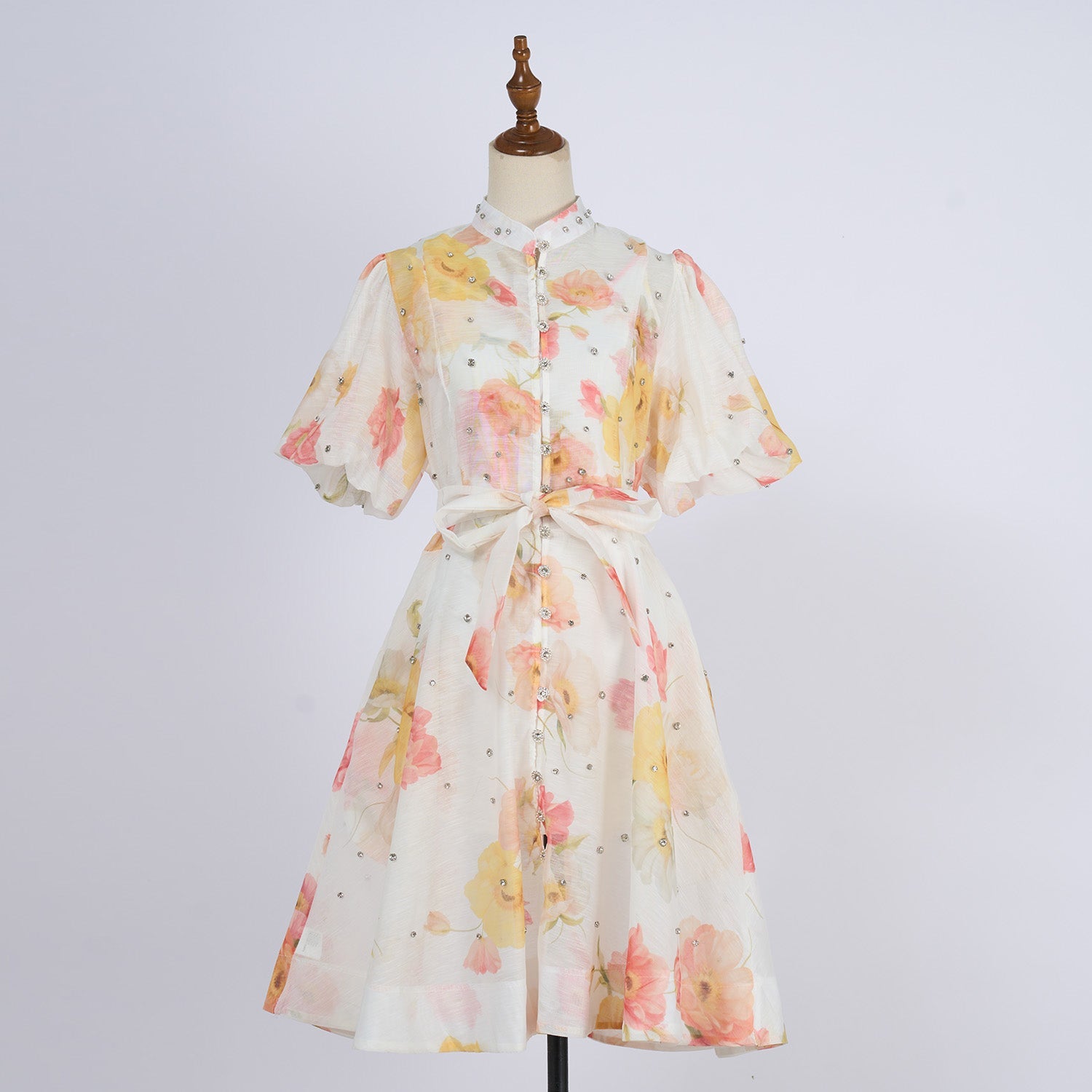 Women Summer Autumn Printed V Neck Puff Sleeved Tie Waist Wide Leg Umbrella Dress