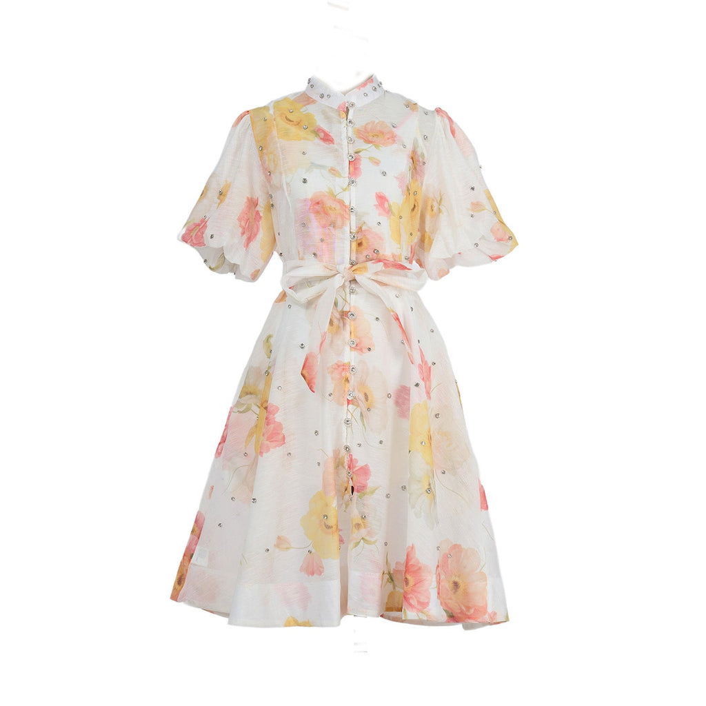 Women Summer Autumn Printed V Neck Puff Sleeved Tie Waist Wide Leg Umbrella Dress