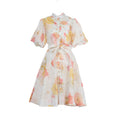 Women Summer Autumn Printed V Neck Puff Sleeved Tie Waist Wide Leg Umbrella Dress