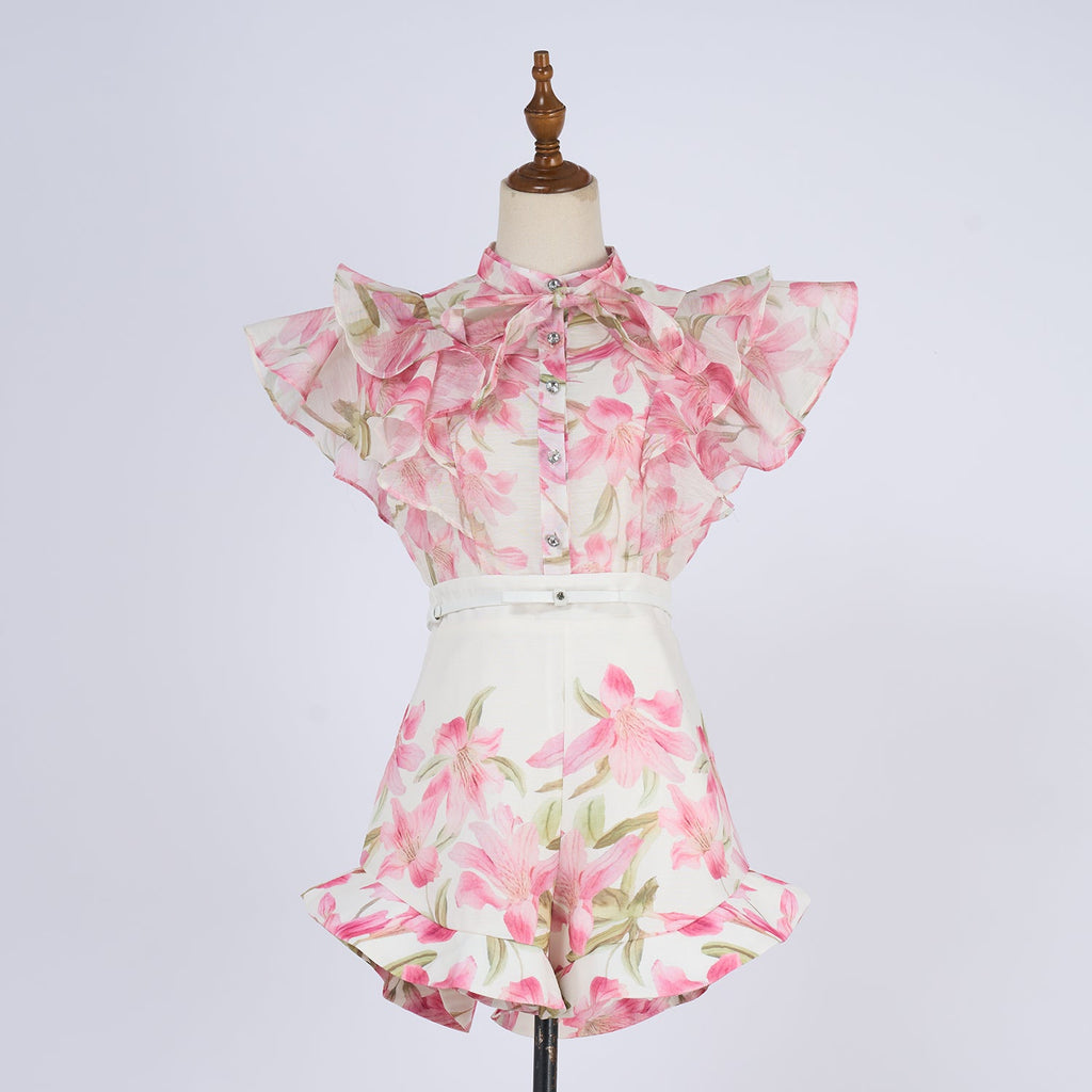 Women Court Style V Necked Frilled Hemline Diamond Buttoned Sleeveless Short Skirt Two Piece Sets