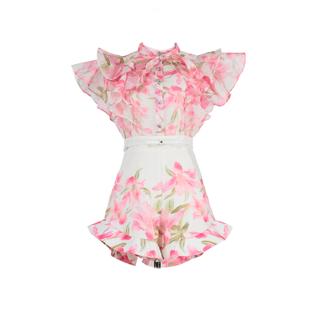 Women Court Style V Necked Frilled Hemline Diamond Buttoned Sleeveless Short Skirt Two Piece Sets