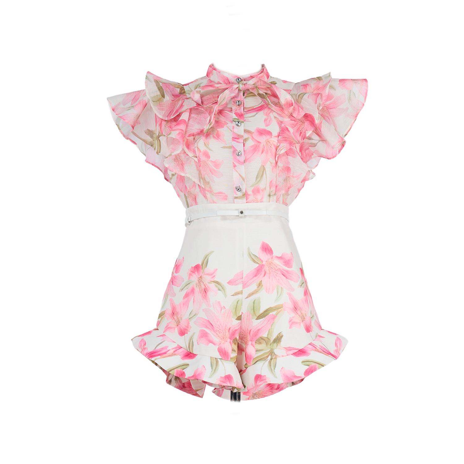 Women Court Style V Necked Frilled Hemline Diamond Buttoned Sleeveless Short Skirt Two Piece Sets