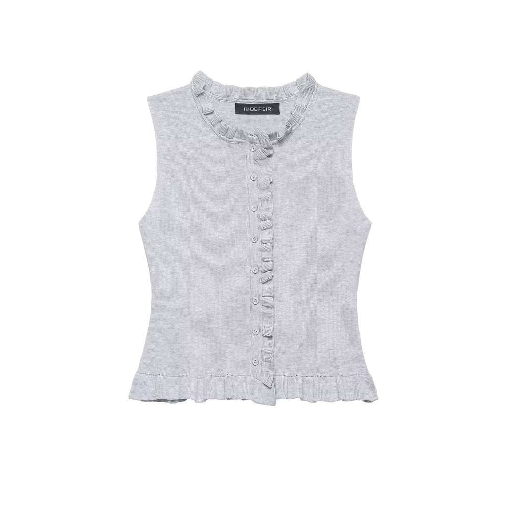 Women Clothing Summer Laminated Decoration Soft round Neck Sleeveless Knitwear