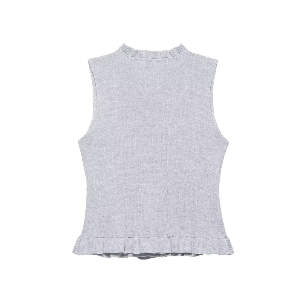 Women Clothing Summer Laminated Decoration Soft round Neck Sleeveless Knitwear