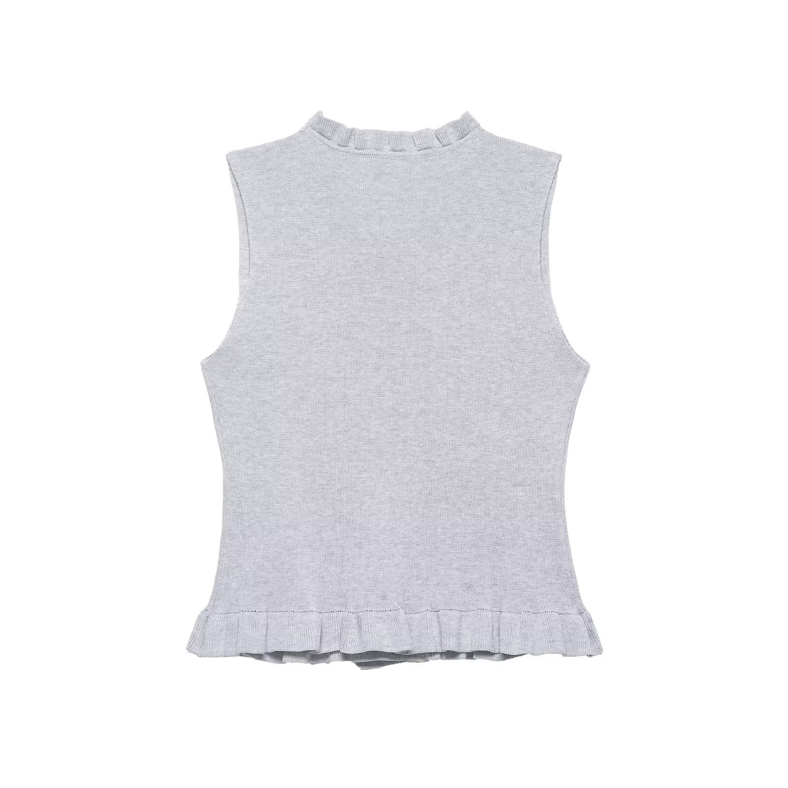 Women Clothing Summer Laminated Decoration Soft round Neck Sleeveless Knitwear