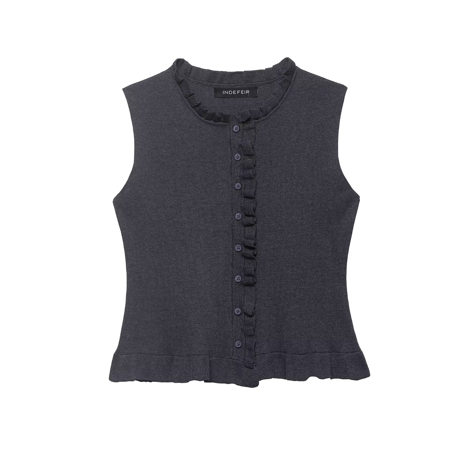 Women Clothing Summer Laminated Decoration Soft round Neck Sleeveless Knitwear