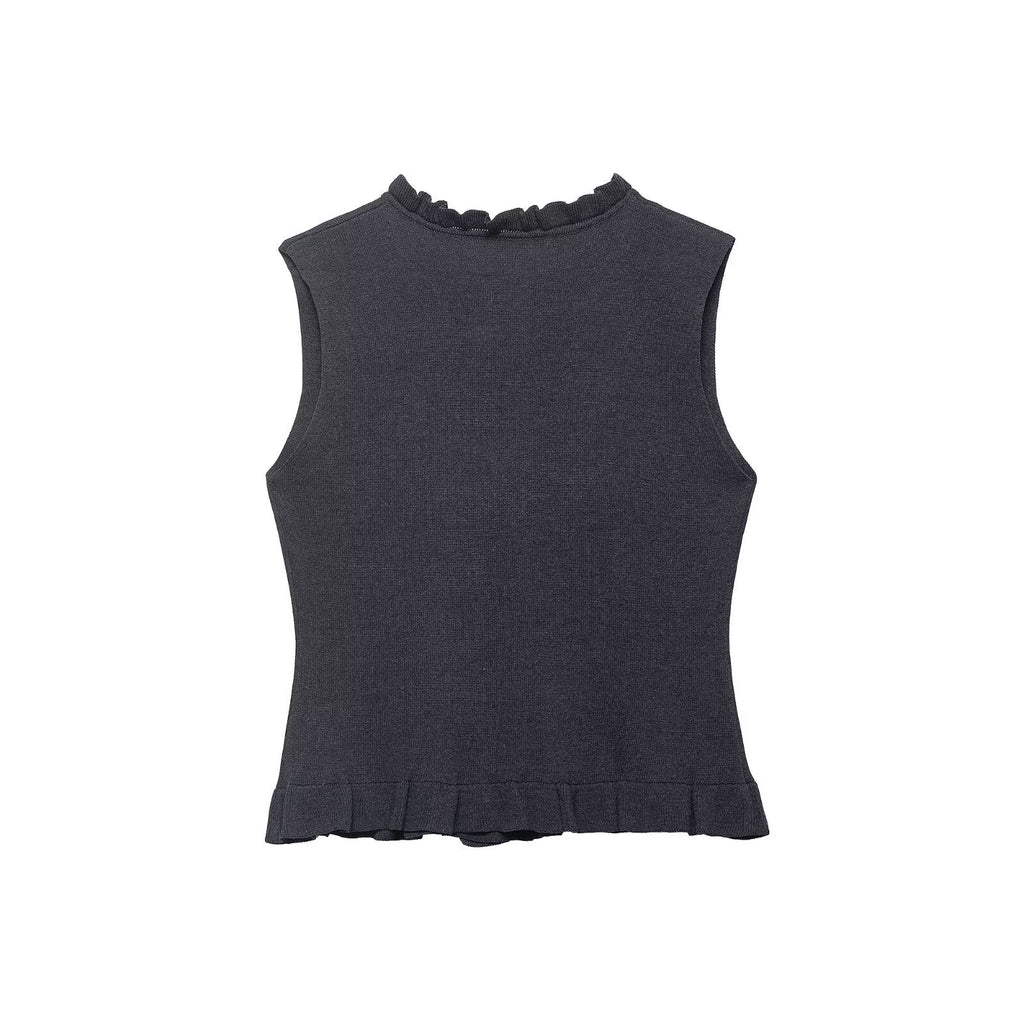 Women Clothing Summer Laminated Decoration Soft round Neck Sleeveless Knitwear