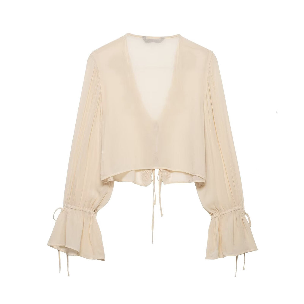 Women Clothing Summer Long Sleeve V neck Lace up Embroidered Shirt Top Women