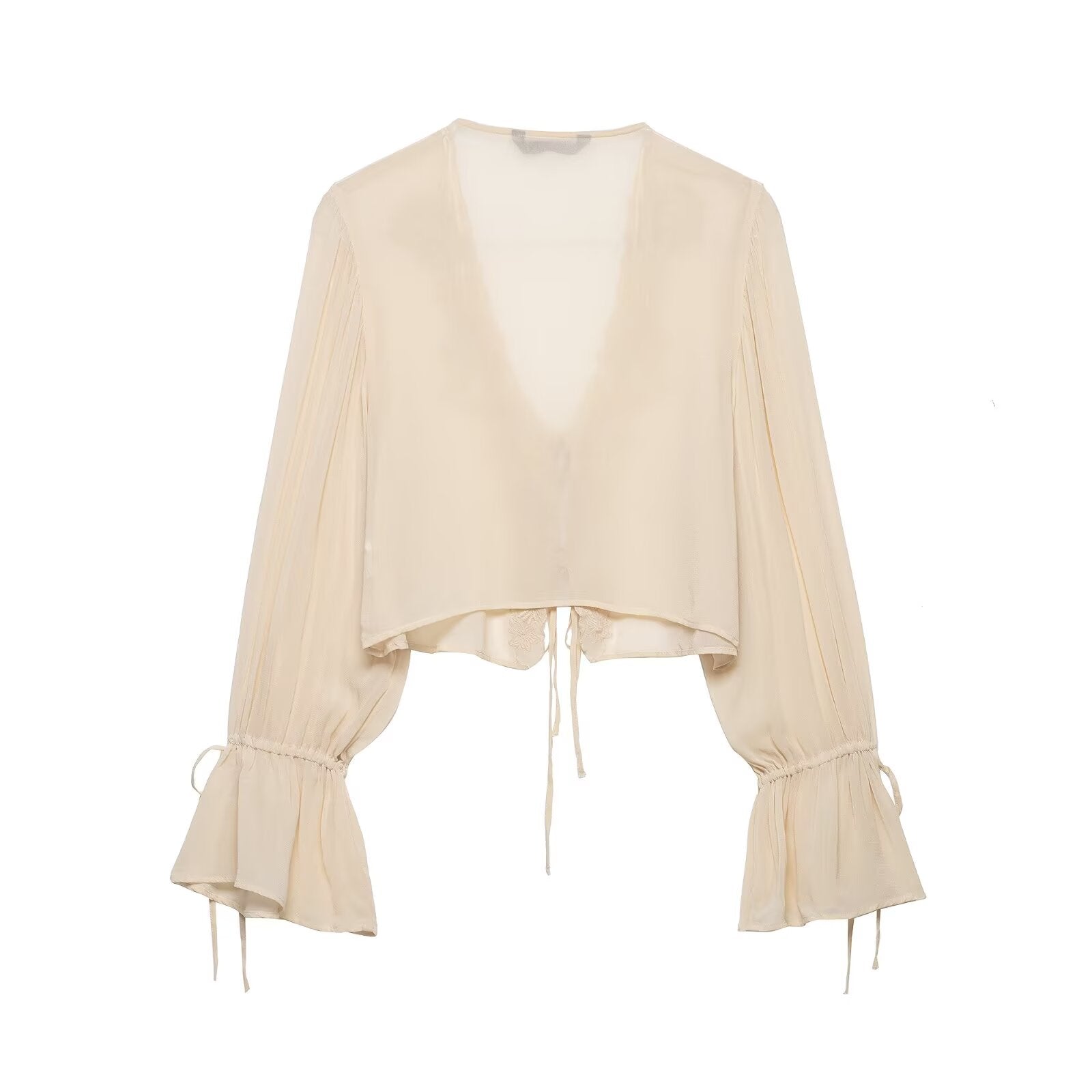 Women Clothing Summer Long Sleeve V neck Lace up Embroidered Shirt Top Women