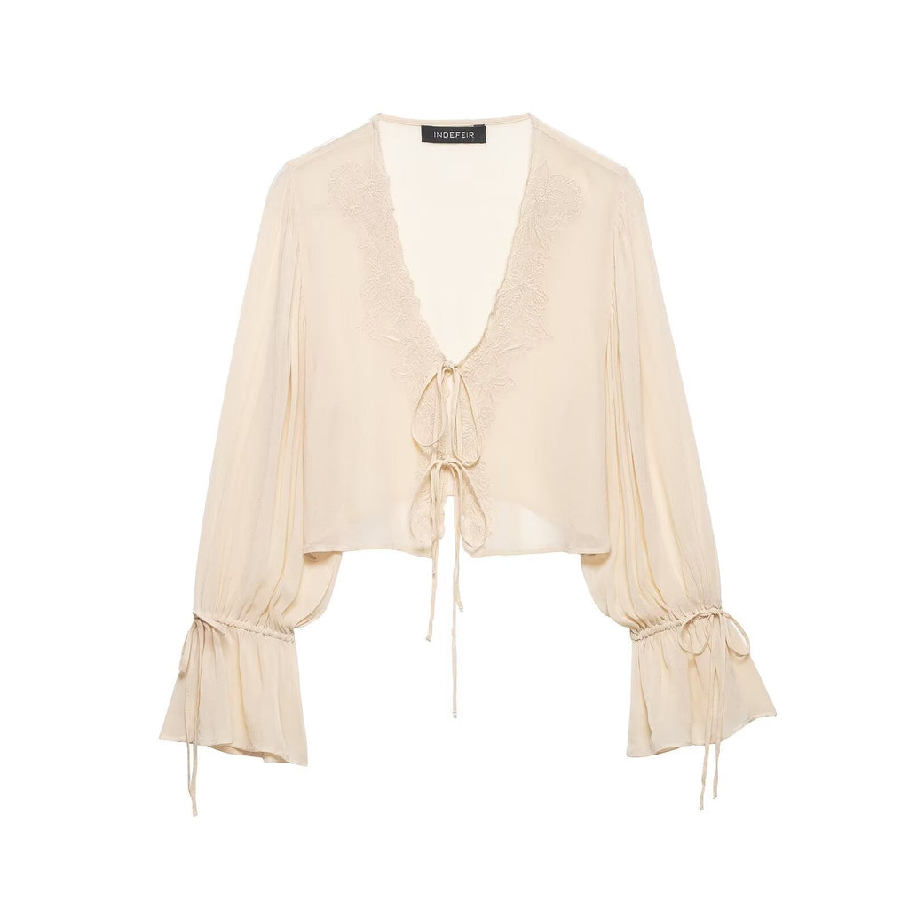 Women Clothing Summer Long Sleeve V neck Lace up Embroidered Shirt Top Women