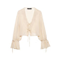 Women Clothing Summer Long Sleeve V neck Lace up Embroidered Shirt Top Women