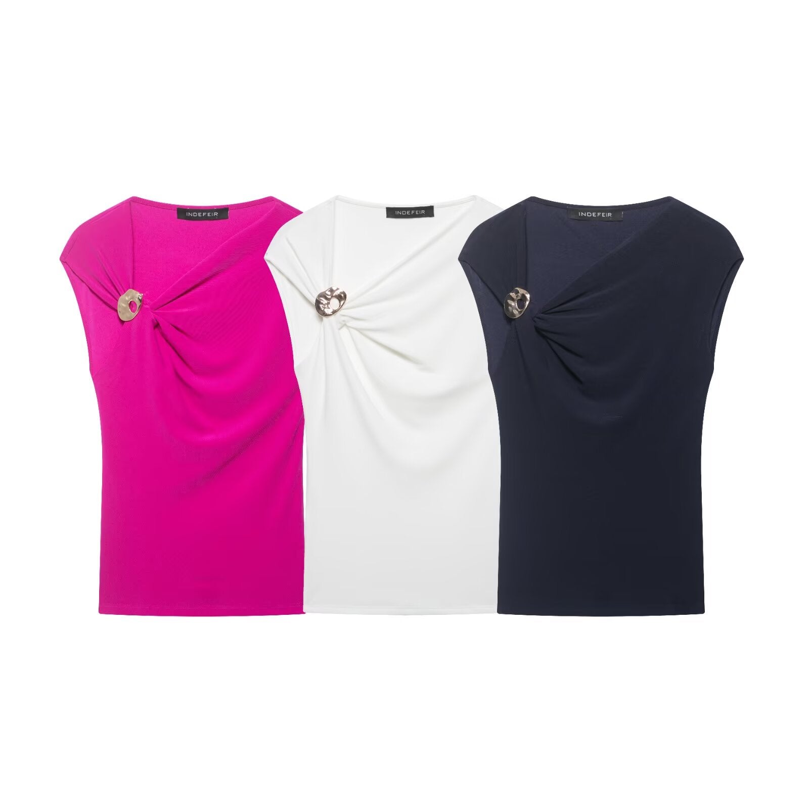 Women Clothing Summer Sleeveless Asymmetric Collar Pleated Pullover Top