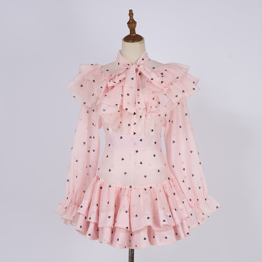 Women Heart Shaped Print Tie Up Ruffled Hem Blouse With High Waisted Short Half Length Skirt Two Piece Sets