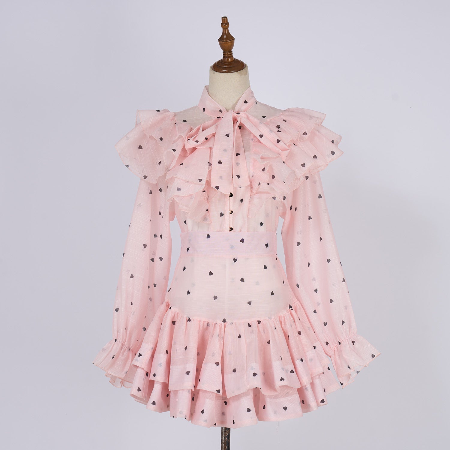 Women Heart Shaped Print Tie Up Ruffled Hem Blouse With High Waisted Short Half Length Skirt Two Piece Sets