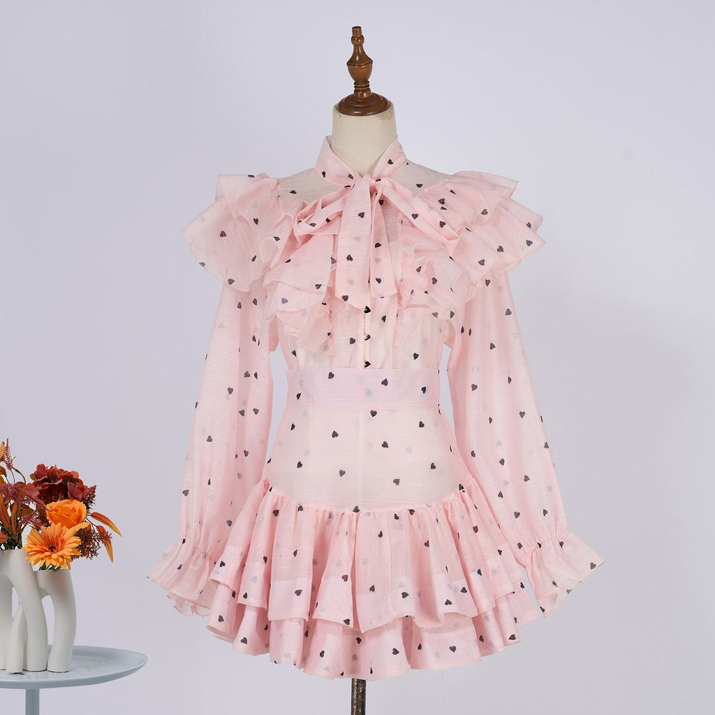 Women Heart Shaped Print Tie Up Ruffled Hem Blouse With High Waisted Short Half Length Skirt Two Piece Sets