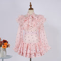 Women Heart Shaped Print Tie Up Ruffled Hem Blouse With High Waisted Short Half Length Skirt Two Piece Sets