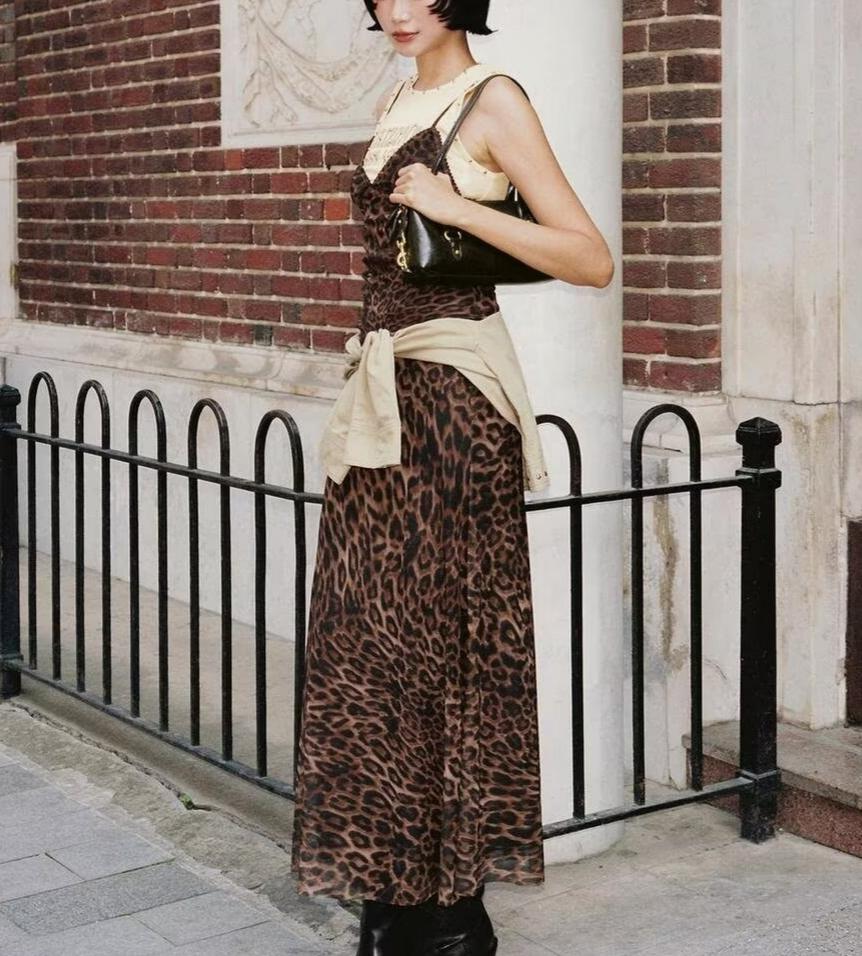 Women Clothing Summer Leopard Print Silk Net Sling Silk Net Skirt