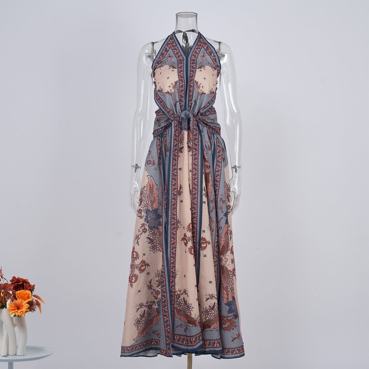 Women Printed Halter Neck One Piece Dress