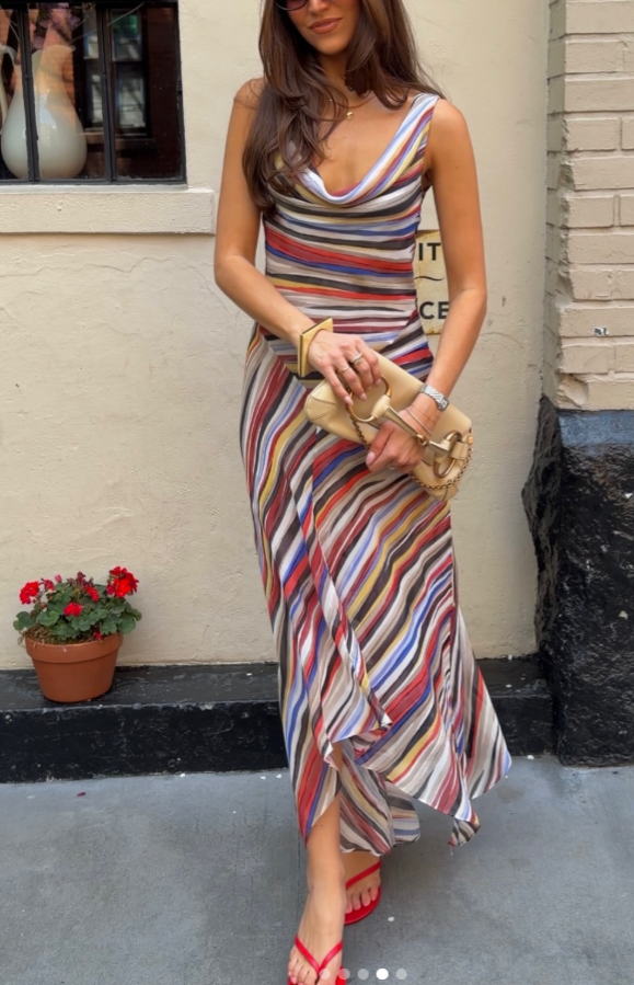 Women Clothing Fashionable Elegant Swing Collar Colorful Striped Sleeveless Dress