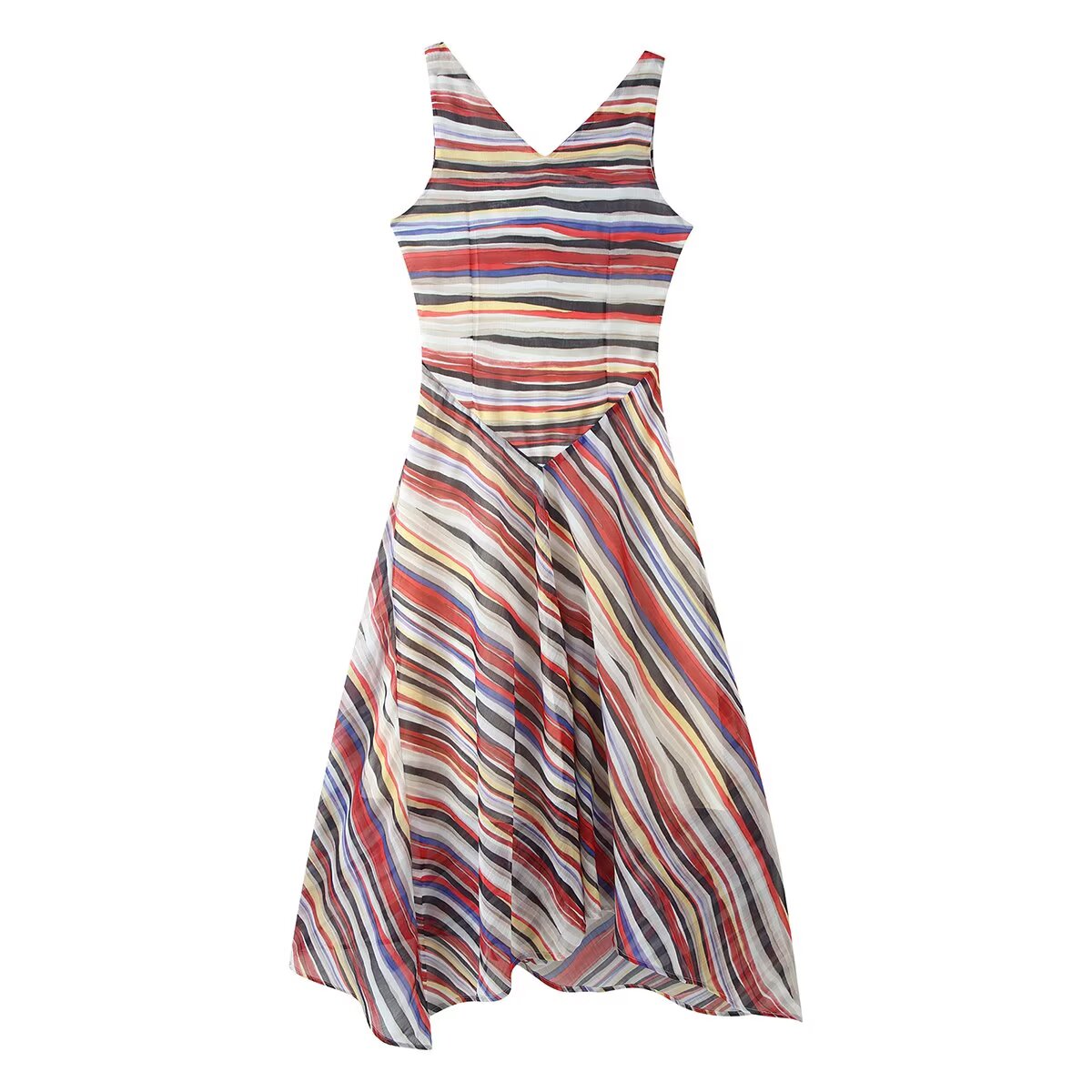 Women Clothing Fashionable Elegant Swing Collar Colorful Striped Sleeveless Dress