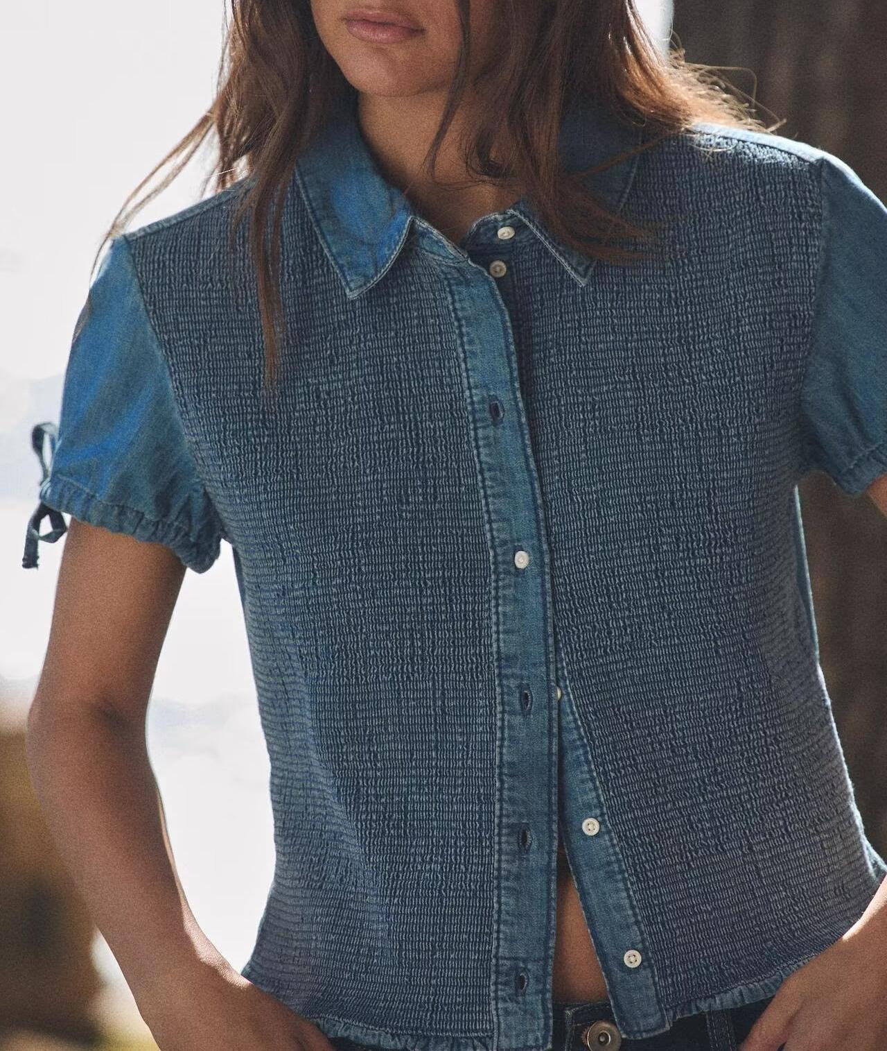 Women Clothing Summer Slim Fit Short Sleeved Collared Honeycomb Denim Shirt Women
