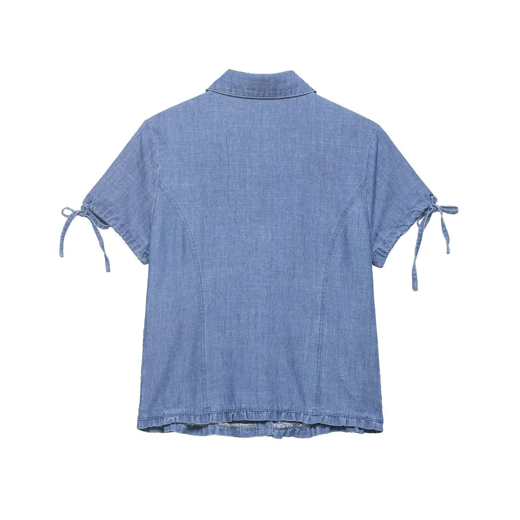 Women Clothing Summer Slim Fit Short Sleeved Collared Honeycomb Denim Shirt Women