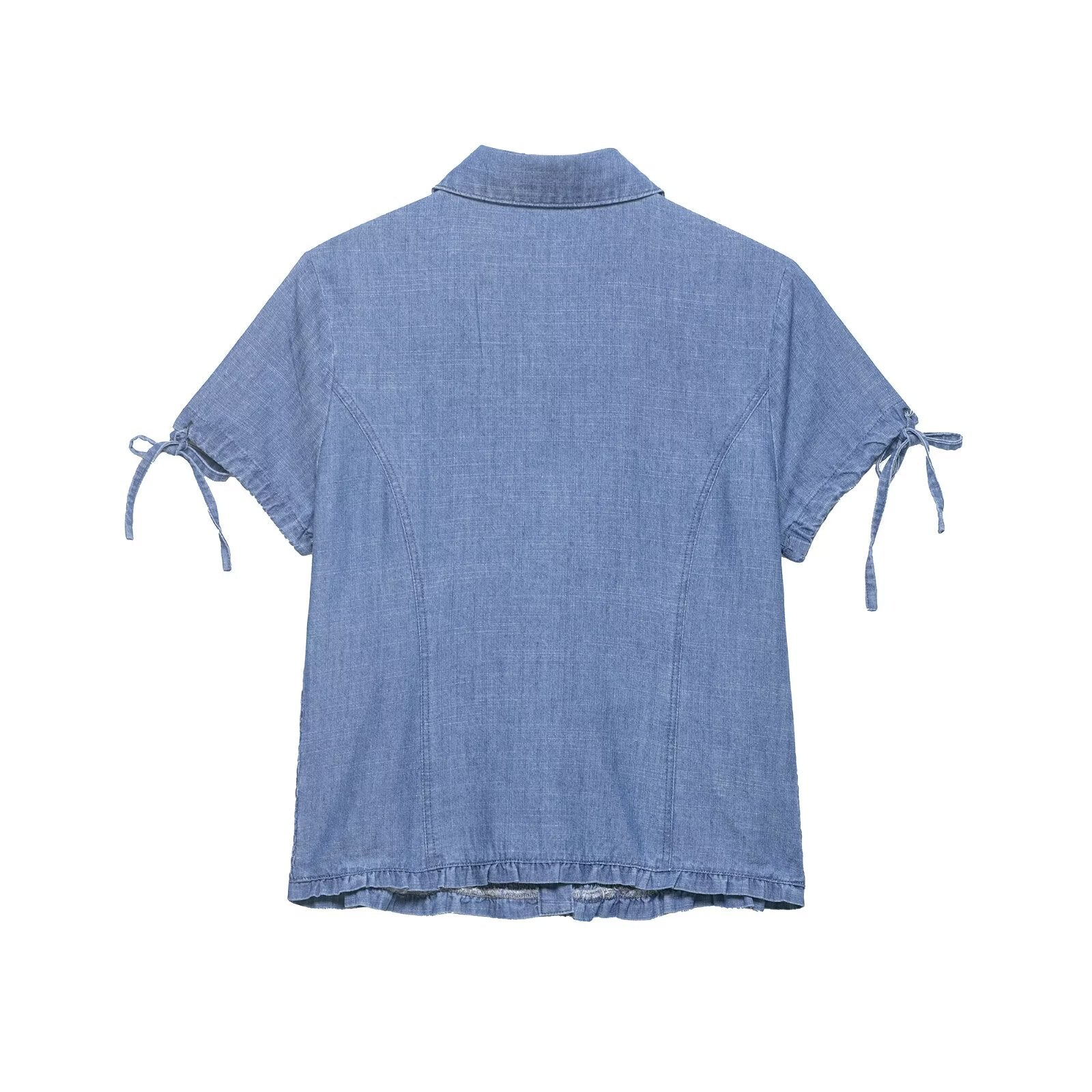 Women Clothing Summer Slim Fit Short Sleeved Collared Honeycomb Denim Shirt Women