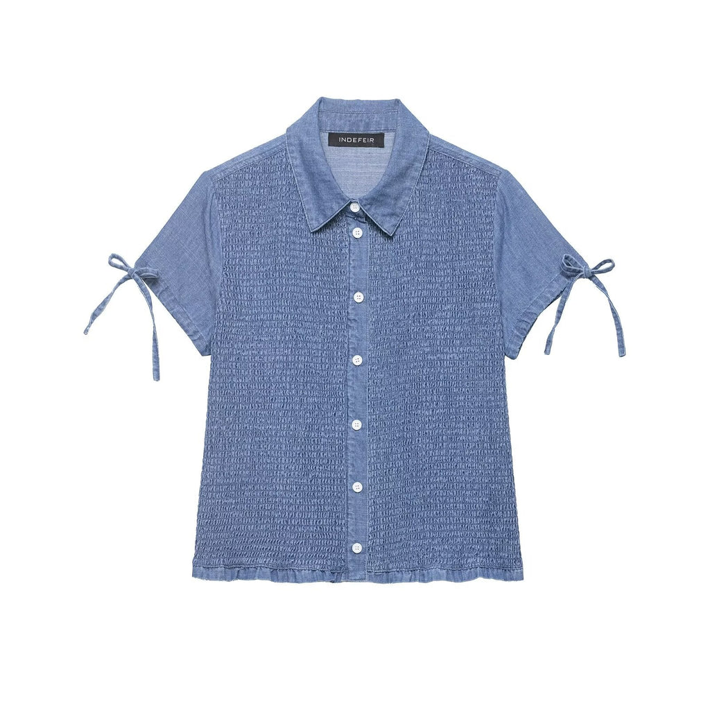Women Clothing Summer Slim Fit Short Sleeved Collared Honeycomb Denim Shirt Women