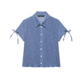 Women Clothing Summer Slim Fit Short Sleeved Collared Honeycomb Denim Shirt Women