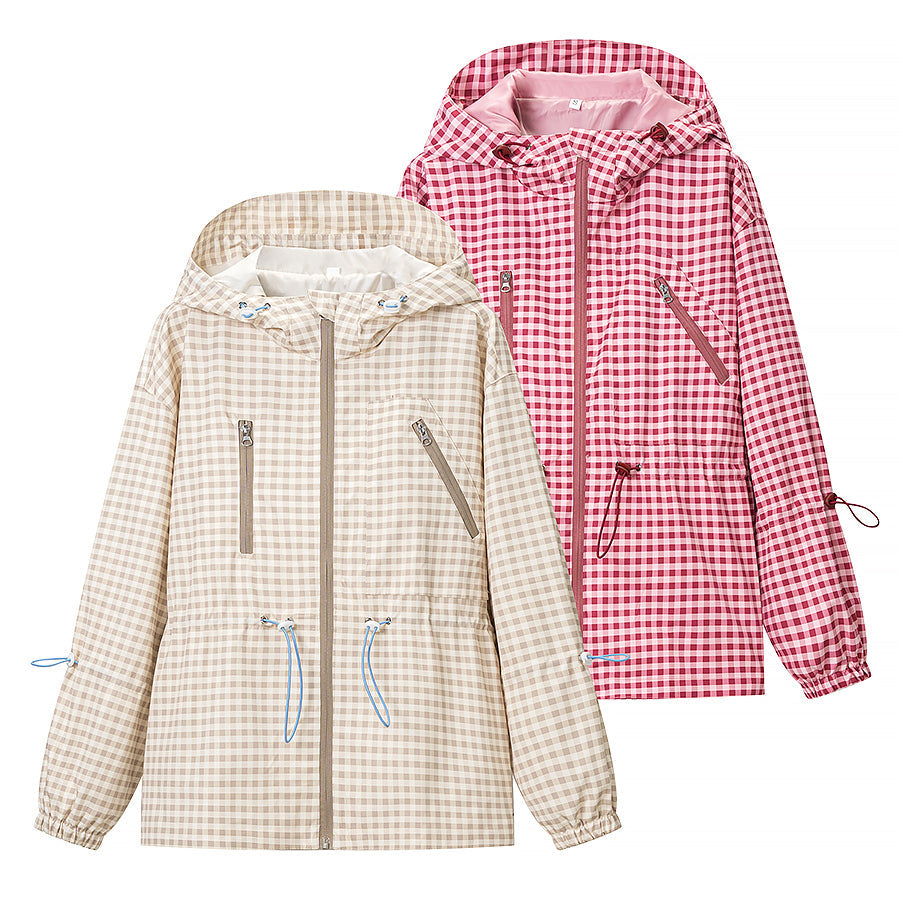 Women Everyday Lace up Waist Controlled Slimming Hooded Plaid Coat