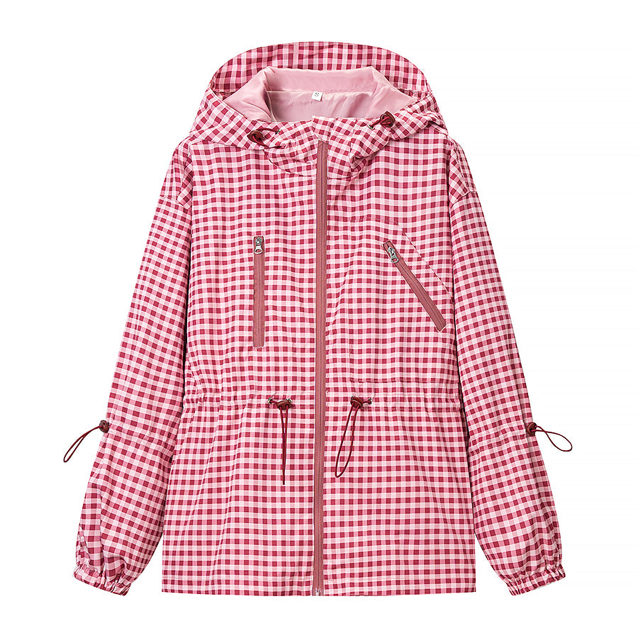 Women Everyday Lace up Waist Controlled Slimming Hooded Plaid Coat