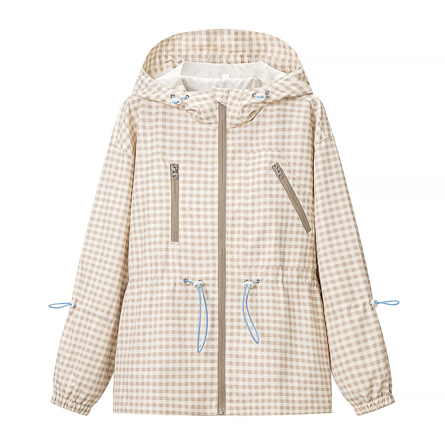 Women Everyday Lace up Waist Controlled Slimming Hooded Plaid Coat