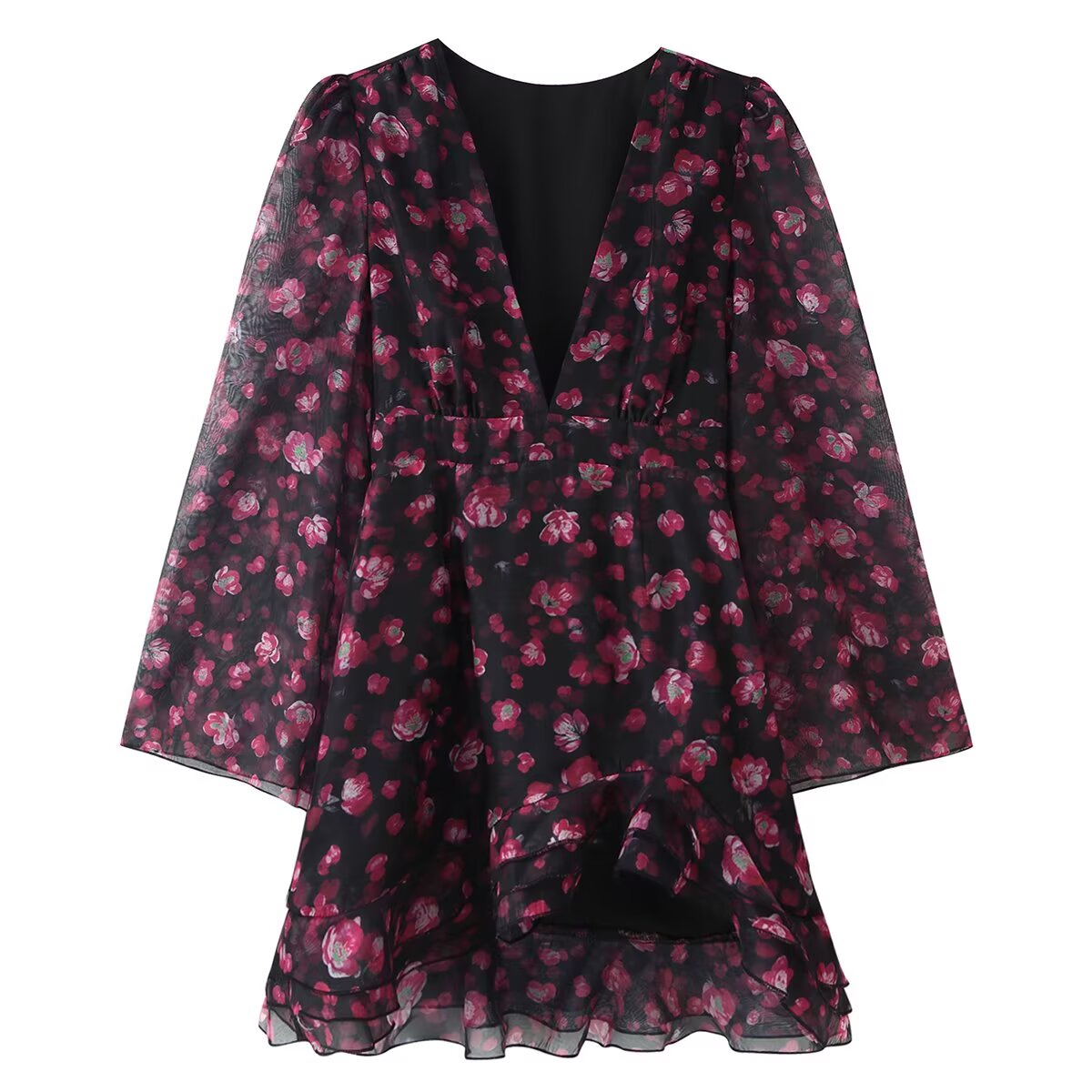 Women Clothing Spring Deep V Plunge neck Floral Printed Ruffled Long Sleeve Dress