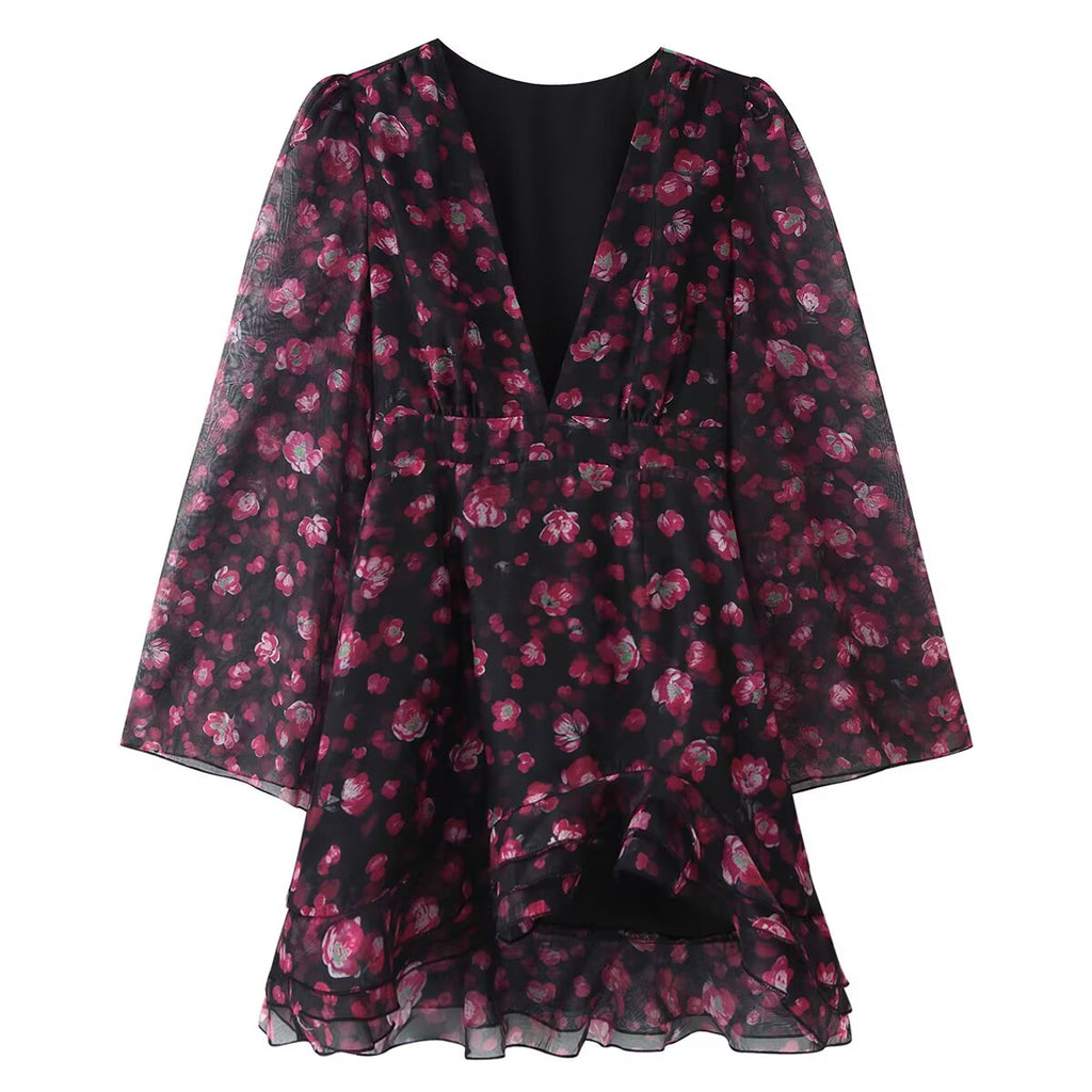 Women Clothing Spring Deep V Plunge neck Floral Printed Ruffled Long Sleeve Dress