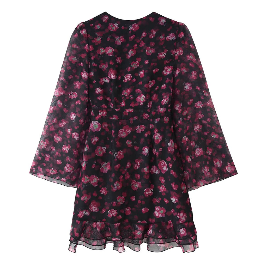Women Clothing Spring Deep V Plunge neck Floral Printed Ruffled Long Sleeve Dress