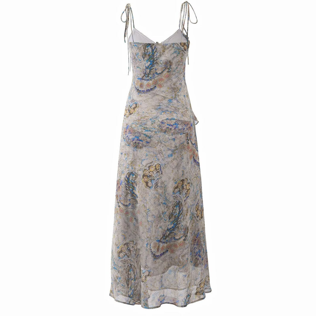 Super Nice Summer Gentle Retro Ruffled Floral Dress Seaside Vacation Strap Dress