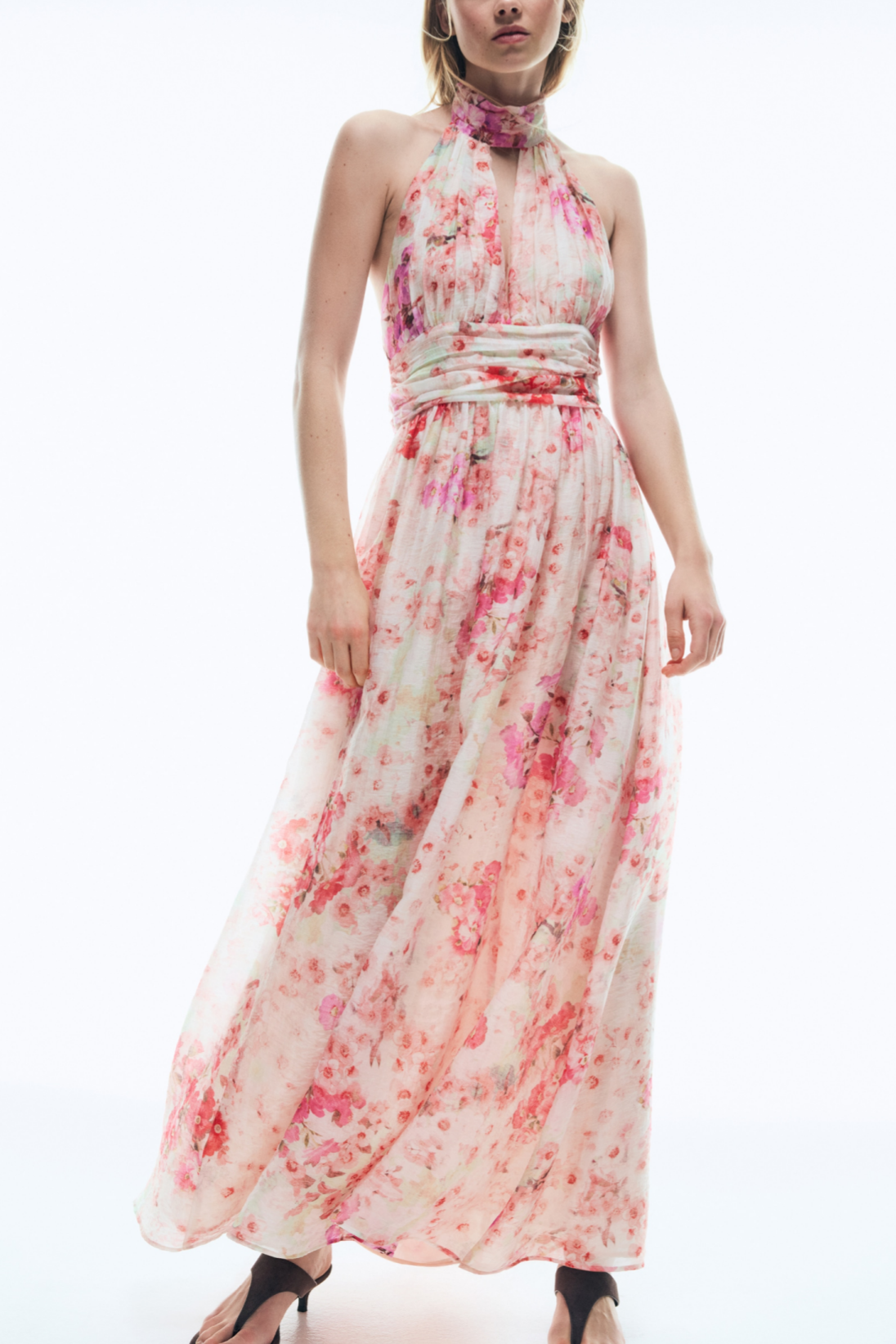 French Romantic Floral Dress Halter Cut out Backless Waist Trimming Slimming Large Hem Elegant Dress