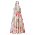 French Romantic Floral Dress Halter Cut out Backless Waist Trimming Slimming Large Hem Elegant Dress