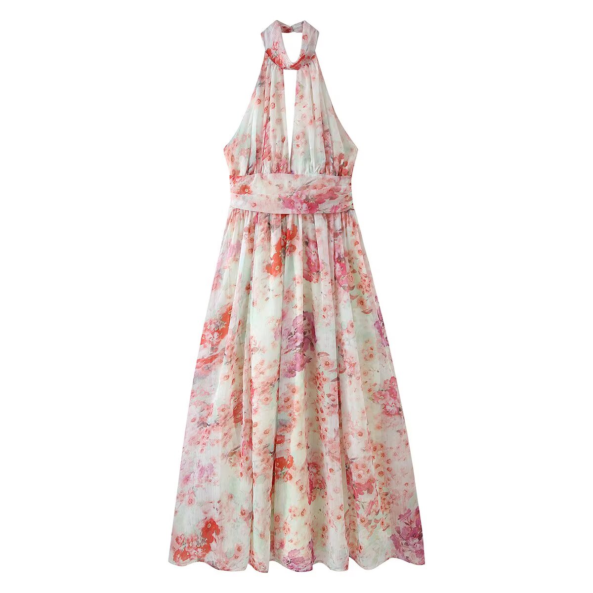 French Romantic Floral Dress Halter Cut out Backless Waist Trimming Slimming Large Hem Elegant Dress