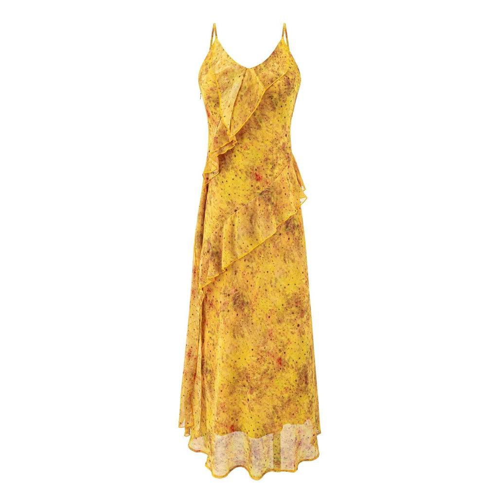 Women Summer Tea Break Yellow Floral Cami Dress Elegant Maxi Dress