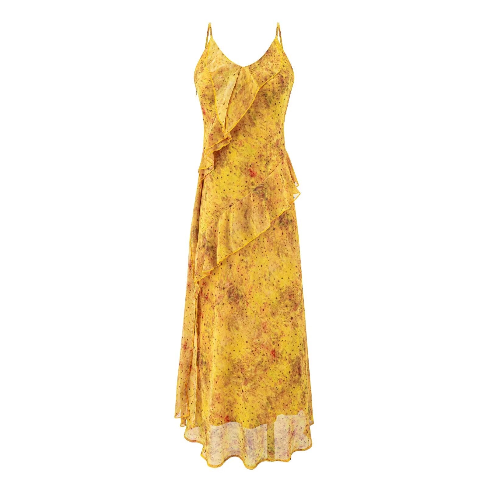 Women Summer Tea Break Yellow Floral Cami Dress Elegant Maxi Dress