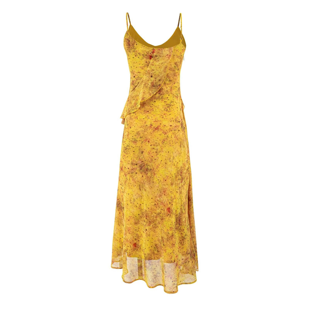 Women Summer Tea Break Yellow Floral Cami Dress Elegant Maxi Dress