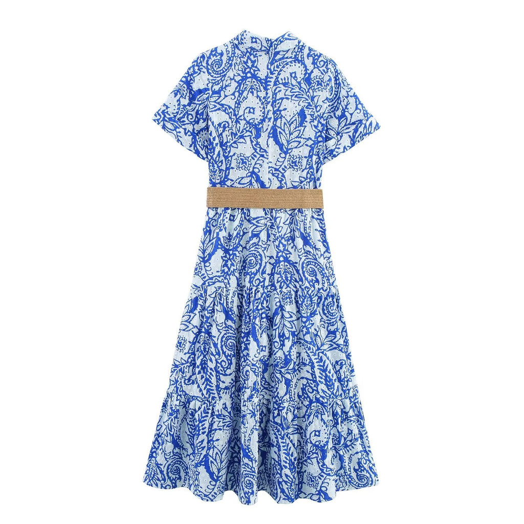 Women Clothing Summer Office with Belt Embroidery Dress